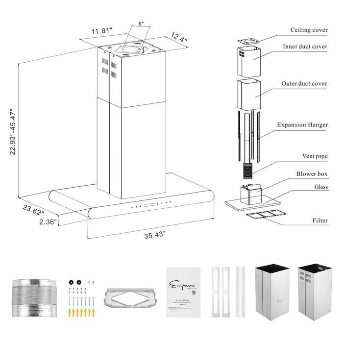 Empava 36-Inch 400 CFM Island Wall Mount Ducted Range Hood (EMPV-36RH10)