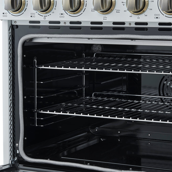 FORNO Paolo 36" 5.44 cu. ft. Freestanding Electric Range with True Convection Oven in White with Antique Brass Accents, FFSEL6011-36WHT