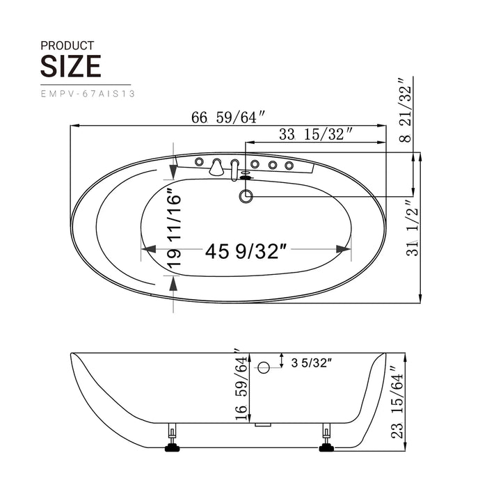 Empava 67-Inch Whirlpool Freestanding Acrylic Bathtub (EMPV-67AIS13)