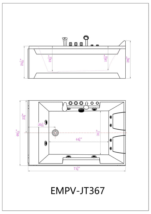 Empava 72-Inch Whirlpool Rectangular Bathtub (EMPV-72JT367LED)