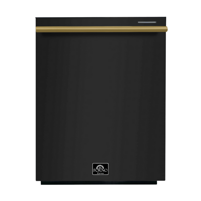FORNO Espresso Package - 30" Electric Range, Range Hood, Refrigerator and Dishwasher in Black with Antique Brass Handles