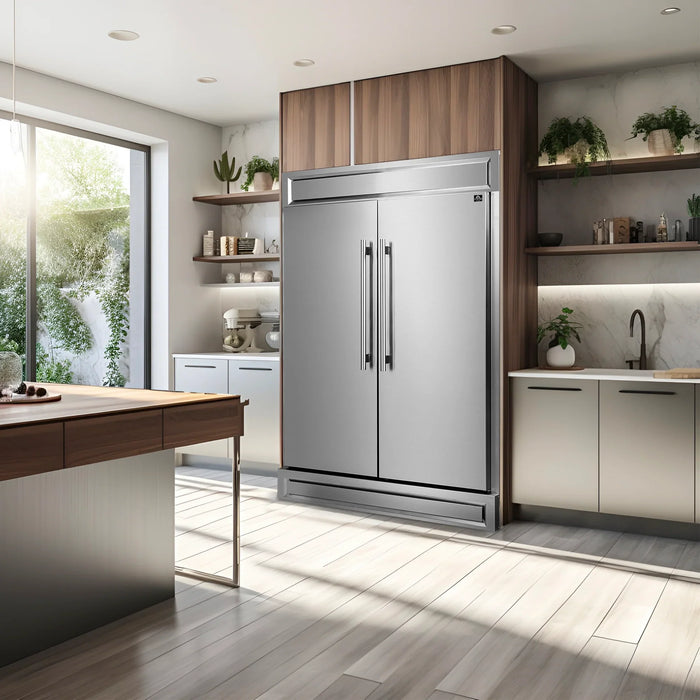 FORNO Appliance Package - 48" Gas Range, Wall Mount Range Hood and 60" Refrigerator with Modern Grill Trim, FBDL-019-07CAUS