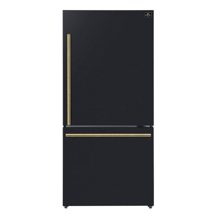 FORNO Espresso Package - 30" Electric Range, Refrigerator and Dishwasher in Black with Antique Brass Handles