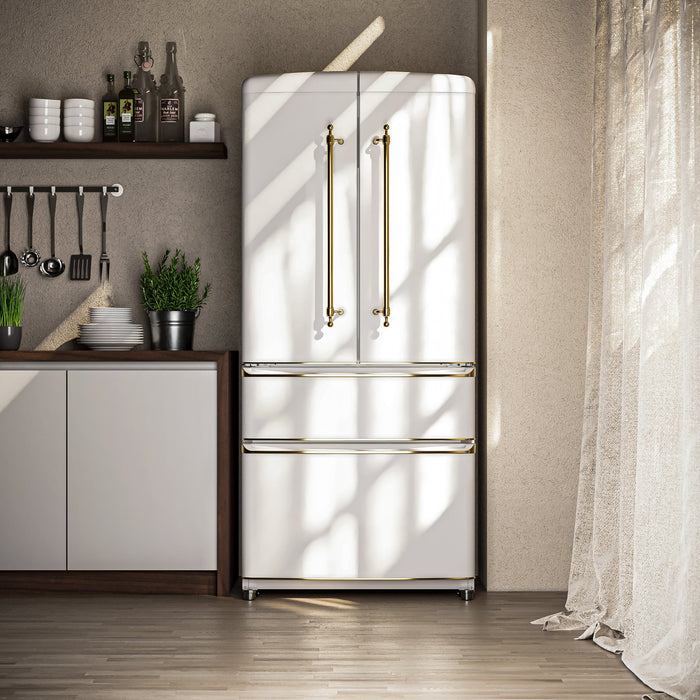 FORNO Espresso Luigi 33" 18 cu. ft. French Door Refrigerator in White with Antique Brass Handles, FFFFD1791-33WHT
