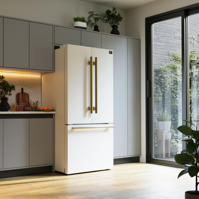 FORNO Espresso Gallipoli 30" 17.5 Cu. Ft. Refrigerator with Ice Maker in White with Antique Brass Handles, FFFFD1974-31WHT