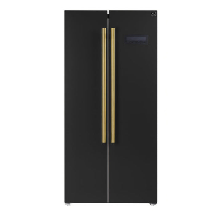 FORNO Espresso Package - 30" Electric Range, Range Hood and Refrigerator in Black with Antique Brass Handles