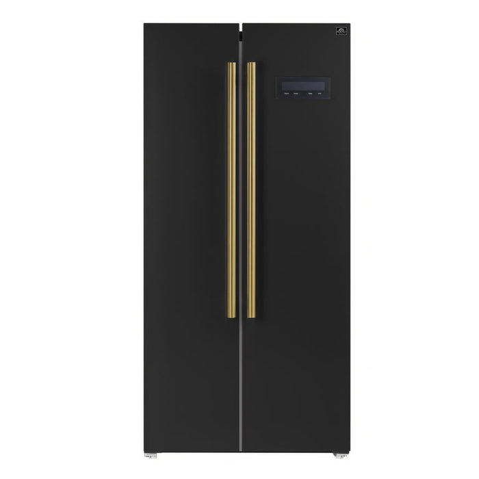 FORNO Espresso Package - 30" Electric Range, Range Hood, Refrigerator and Dishwasher in Black with Antique Brass Handles
