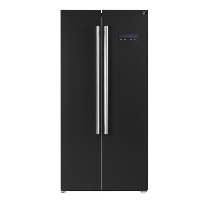 FORNO Espresso Package - 30" Electric Range, Range Hood and Refrigerator in Black with Silver Handles
