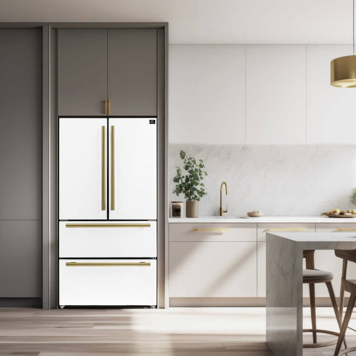 FORNO Espresso Package - 30" Electric Range, Range Hood and Refrigerator in White with Antique Brass Handles