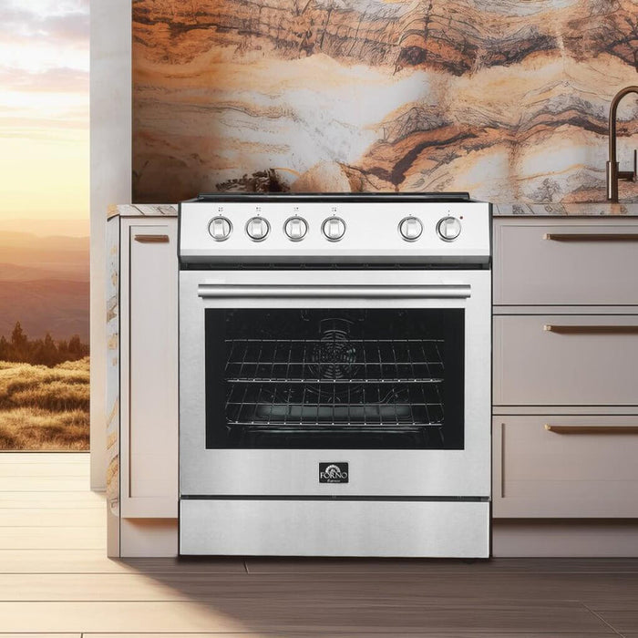 FORNO Espresso Package - 30" Electric Range and Range Hood in Stainless Steel with Silver Handles, FBDL-002-01US