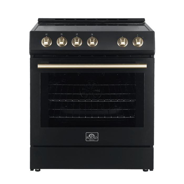 FORNO Espresso Package - 30" Electric Range and Range Hood in Black with Antique Brass Handles, FBDL-002-02US