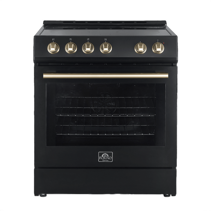 FORNO Espresso Package - 30" Electric Range, Range Hood and Dishwasher in Black with Antique Brass Handles