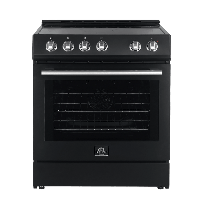 FORNO Espresso Package - 30" Electric Range, Range Hood, Refrigerator and Dishwasher in Black with Silver Handles