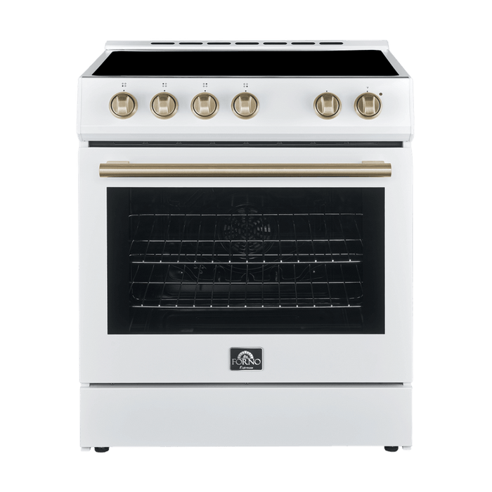 FORNO Espresso Package - 30" Electric Range, Range Hood and Refrigerator in White with Antique Brass Handles, FBDL-001-03US
