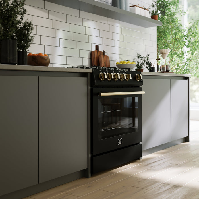 FORNO Espresso Leonardo 30" 5 cu. ft. Gas Range in Black with Silver Handles, FFSGS1116-30BLK