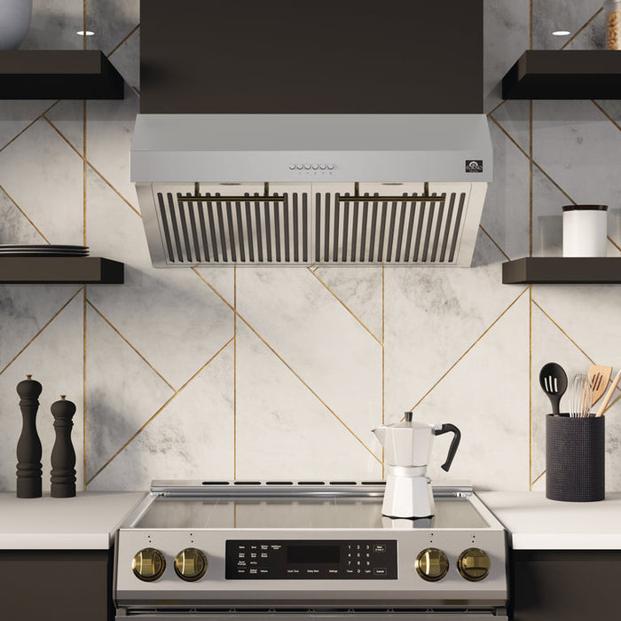 FORNO Espresso Package - 30" Electric Range and Range Hood in Stainless Steel with Silver Handles, FBDL-002-01US