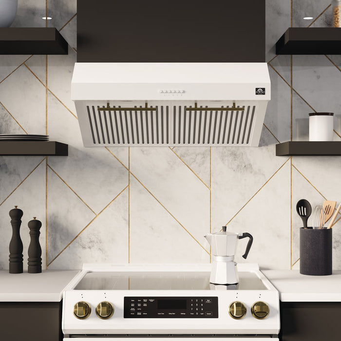 FORNO Espresso Package - 30" Electric Range, Range Hood, Refrigerator and Dishwasher in White with Silver Handles, FBDL-006-03US