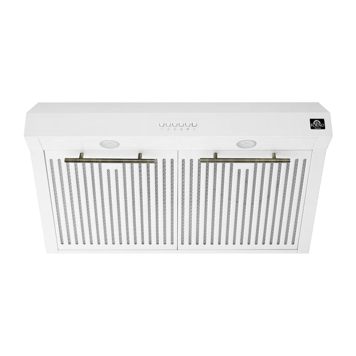 FORNO Espresso Package - 30" Electric Range, Range Hood and Refrigerator in White with Antique Brass Handles, FBDL-001-03US