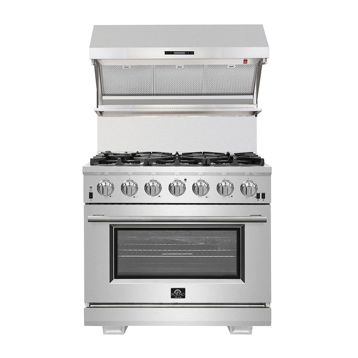 FORNO Appliance Package - 36 Inch Dual Fuel Range, Wall Mount Range Hood, Microwave Drawer, AP-FFSGS6156-36-3
