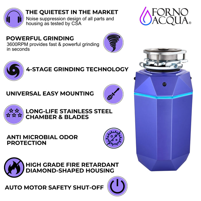 FORNO ACQUA BrightDiamond Amethyst 1 HP Ultra-Quiet Garbage Disposal with Motion Sensor Light & Pre-Wired Air Switch