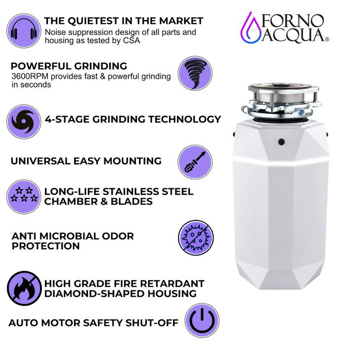 Forno Acqua BrightDiamond Moonstone 1HP Super Quiet Garbage Disposal Corded with Motion Sensor Cabinet Light & Pre-Wired Air Switch (WDD100TA2MS)