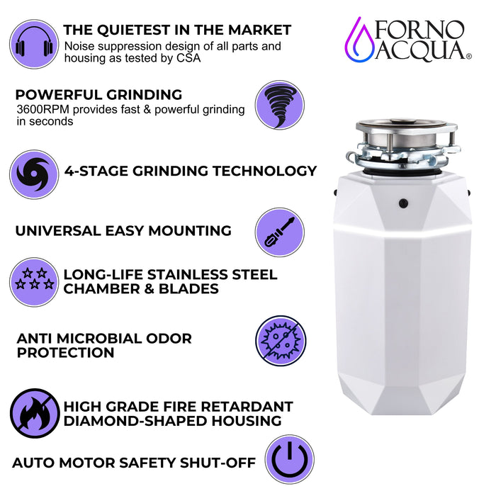 FORNO ACQUA BrightDiamond Moonstone 1 HP Ultra-Quiet Garbage Disposal with Motion Sensor Light & Pre-Wired Air Switch