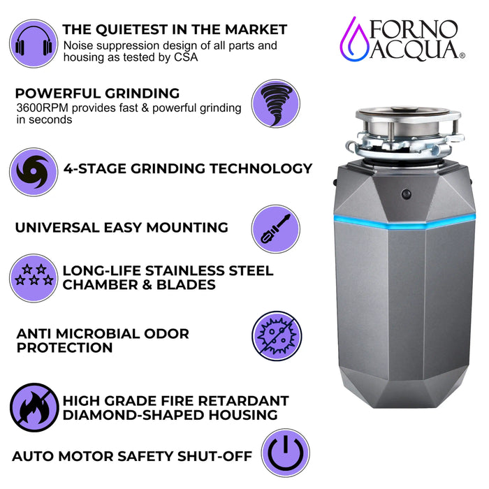 Forno Acqua BrightDiamond Black Onyx 1HP Super Quiet Garbage Disposal Corded with Motion Sensor Cabinet Light & Pre-Wired Air Switch (WDD100TA1BO)