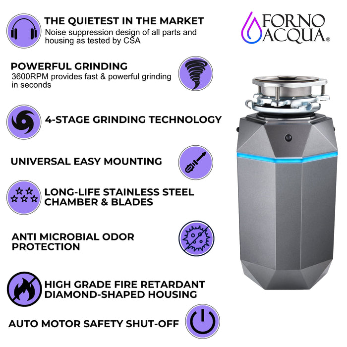 FORNO ACQUA BrightDiamond Black Onyx 1 HP Ultra-Quiet Garbage Disposal with Motion Sensor Light & Pre-Wired Air Switch