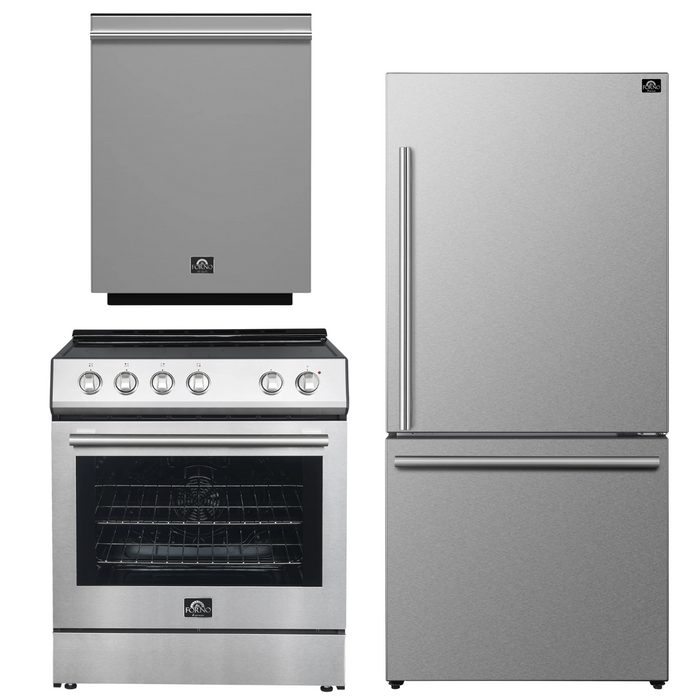 FORNO Espresso Package - 30" Electric Range, Refrigerator and Dishwasher in Stainless Steel with Silver Handles