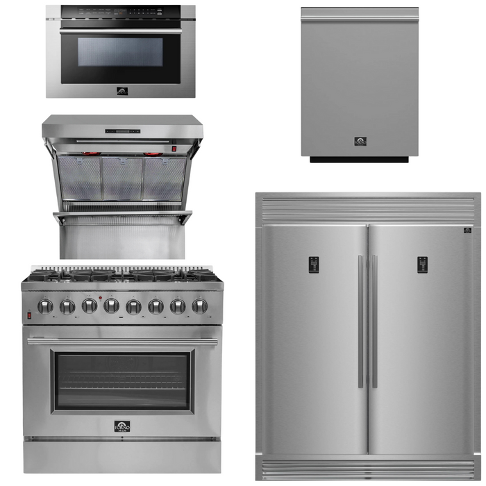 FORNO Package - 36 Inch Dual Fuel Range, Wall Mount Range Hood, Refrigerator, Microwave Drawer, Dishwasher, AP-FFSGS6156-36-8