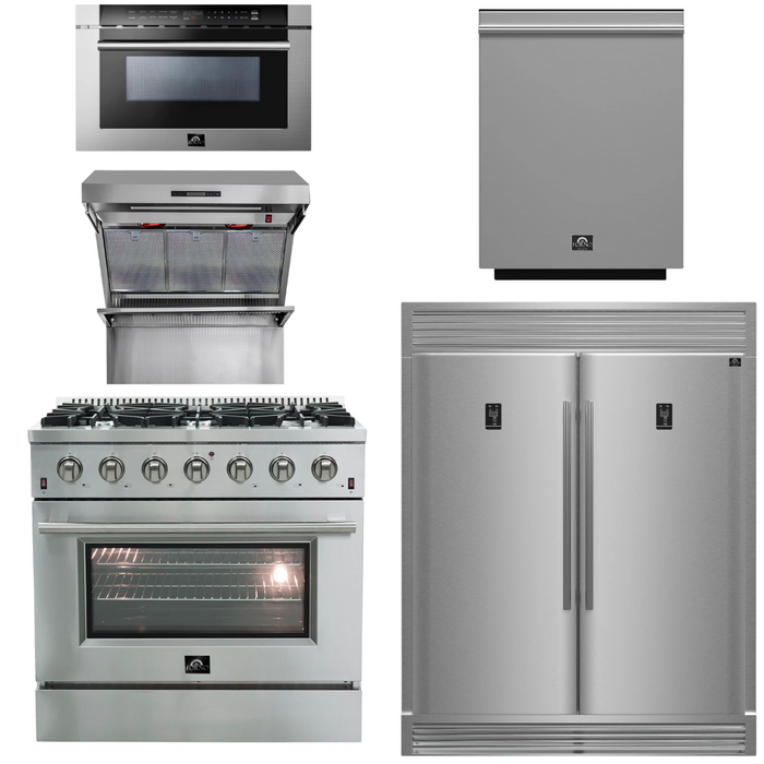 FORNO Package - 36 Inch Gas Range, Wall Mount Range Hood, Refrigerator, Microwave Drawer, Dishwasher, AP-FFSGS6244-36-8