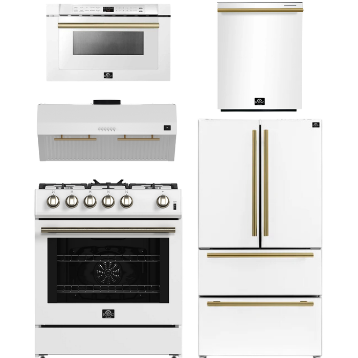 FORNO Espresso Package - 30" Gas Range, Range Hood, 36" Refrigerator with Ice Maker, Dishwasher and 24" Microwave Drawer in White with Antique Brass Accents