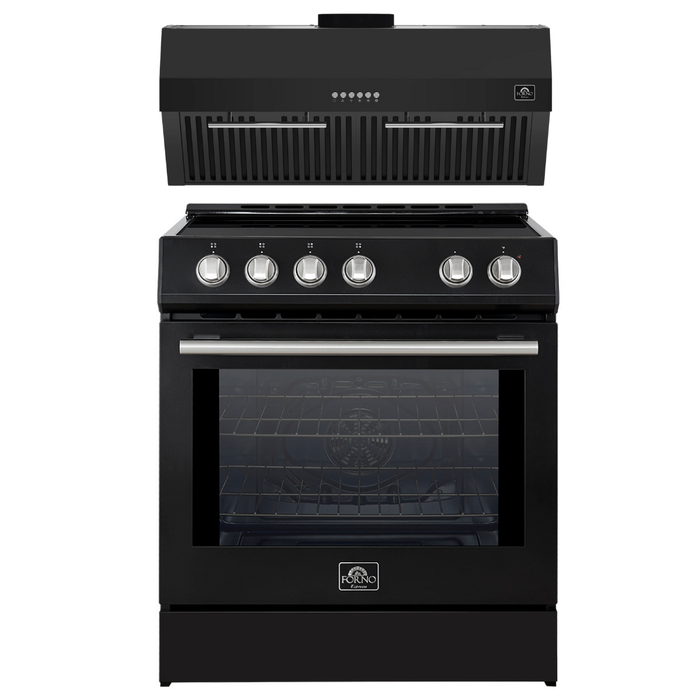 FORNO Espresso Package - 30" Induction Range and Under Cabinet Range Hood in Black with Silver Accents