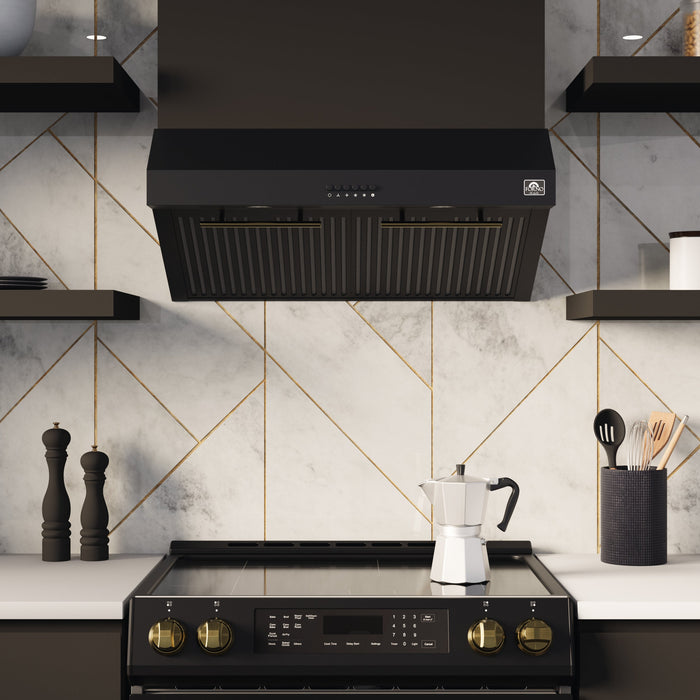 FORNO Espresso Package - 30" Induction Range and Under Cabinet Range Hood in Black with Silver Accents
