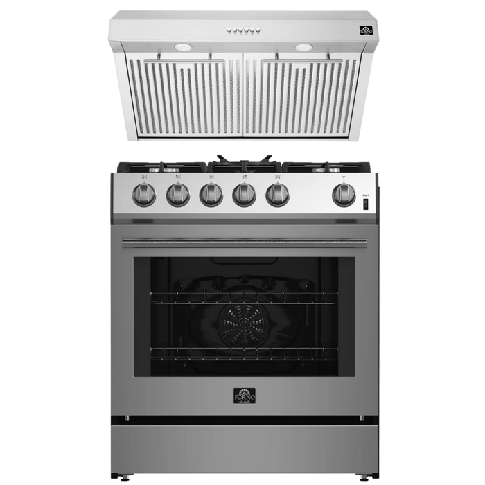 FORNO Espresso Package - 30" Gas Range and Under Cabinet Range Hood in Stainless Steel
