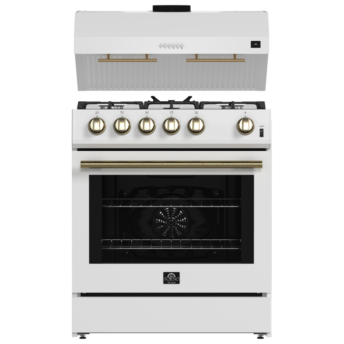 FORNO Espresso Package - 30" Gas Range and Under Cabinet Range Hood in White with Antique Brass Accents