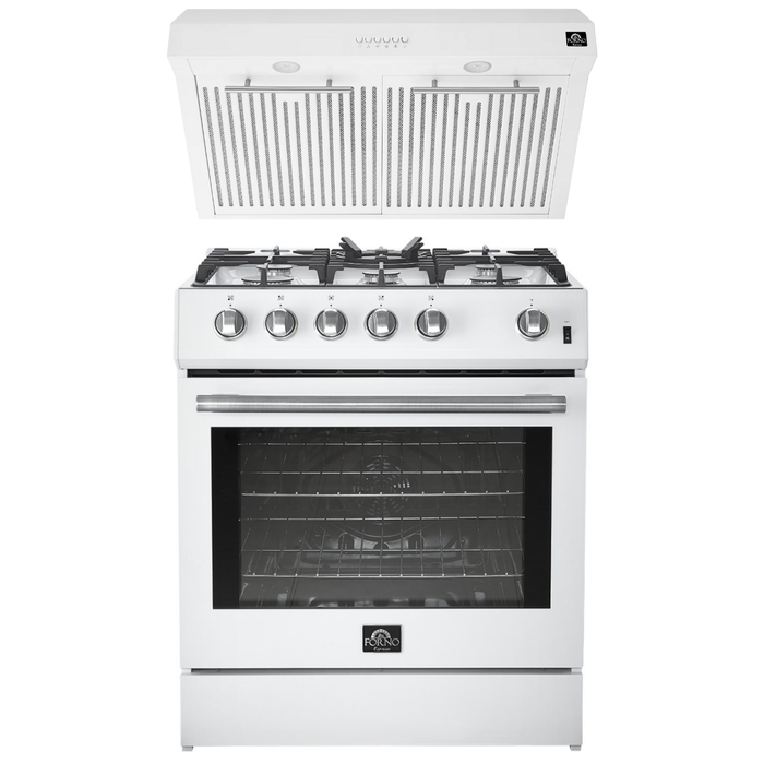 FORNO Espresso Package - 30" Gas Range and Under Cabinet Range Hood in White with Silver Accents