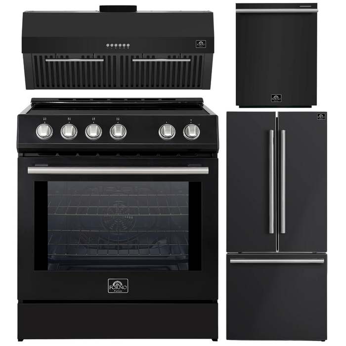 FORNO Espresso Package - 30" Induction Range, Range Hood, 30" Refrigerator with Ice Maker and Dishwasher in Black with Silver Accents
