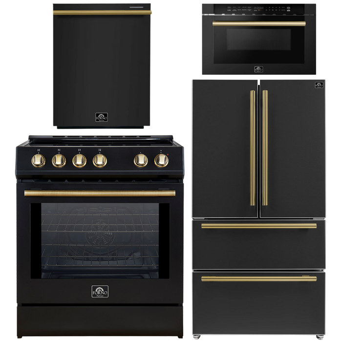FORNO Espresso Package - 30" Induction Range, 36" Refrigerator with Ice Maker, Dishwasher and 24" Microwave Drawer in Black with Antique Brass Accents