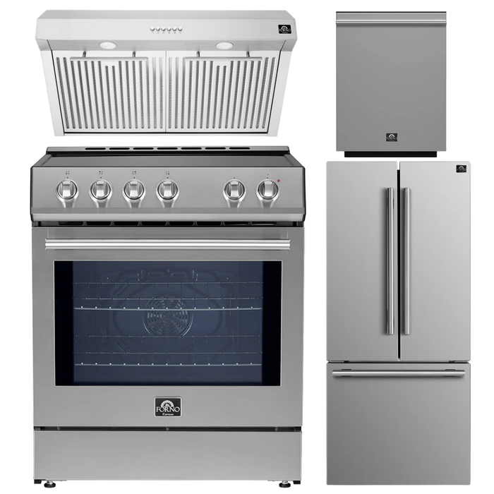 FORNO Espresso Package - 30" Induction Range, Range Hood, 30" Refrigerator with Ice Maker and Dishwasher in Stainless Steel
