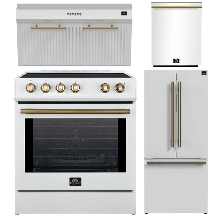 FORNO Espresso Package - 30" Induction Range, Range Hood, 30" Refrigerator with Ice Maker and Dishwasher in White with Antique Brass Accents