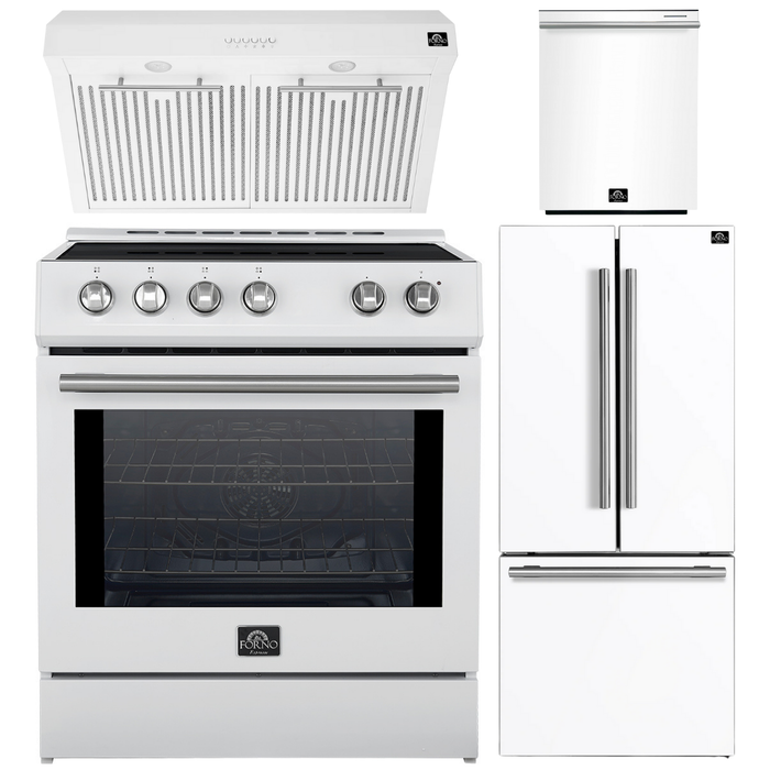 FORNO Espresso Package - 30" Induction Range, Range Hood, 30" Refrigerator with Ice Maker and Dishwasher in White with Silver Accents