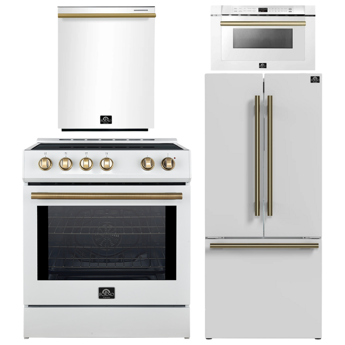 FORNO Espresso Package - 30" Induction Range, 30" Refrigerator with Ice Maker, Dishwasher and 24" Microwave Drawer in White with Antique Brass Accents