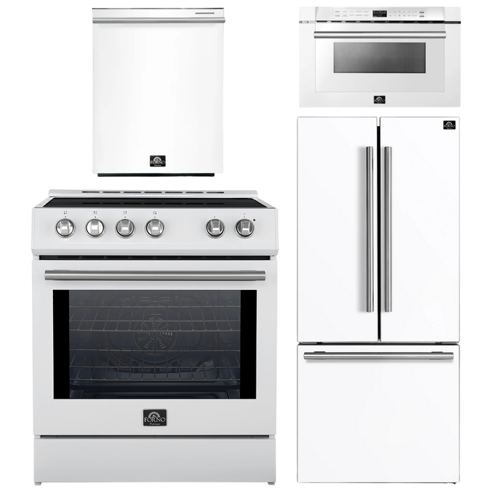 FORNO Espresso Package - 30" Induction Range, 30" Refrigerator with Ice Maker, Dishwasher and 24" Microwave Drawer in White with Silver Accents
