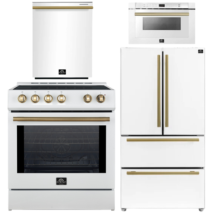 FORNO Espresso Package - 30" Induction Range, 36" Refrigerator with Ice Maker, Dishwasher and 24" Microwave Drawer in Whitewith Antique Brass Accents
