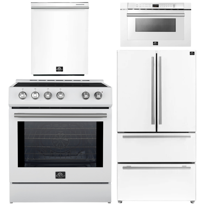 FORNO Espresso Package - 30" Induction Range, 36" Refrigerator with Ice Maker, Dishwasher and 24" Microwave Drawer in White with Silver Accents
