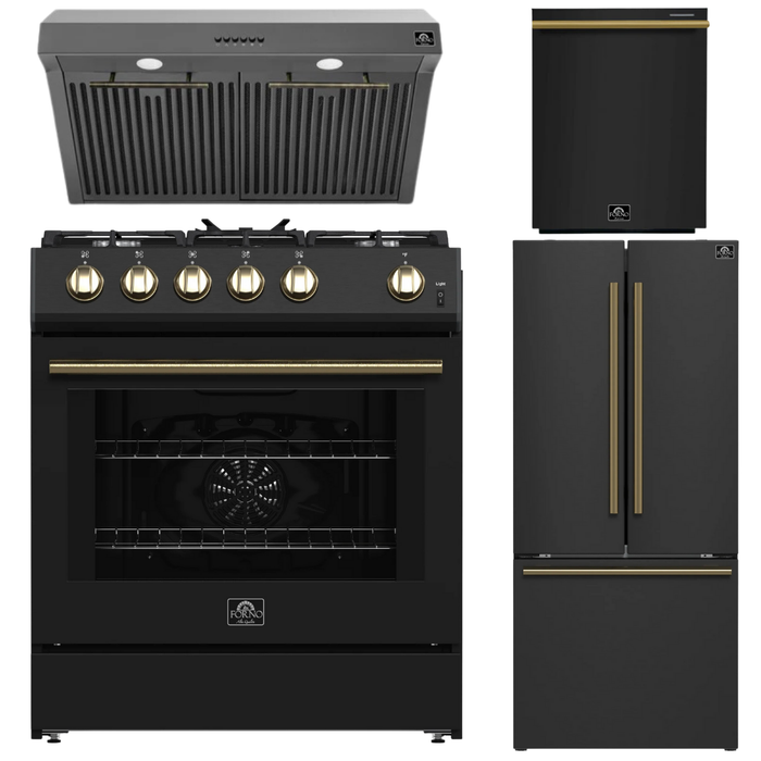 FORNO Espresso Package - 30" Gas Range, Range Hood, 30" Refrigerator with Ice Maker and Dishwasher in Black with Antique Brass Accents