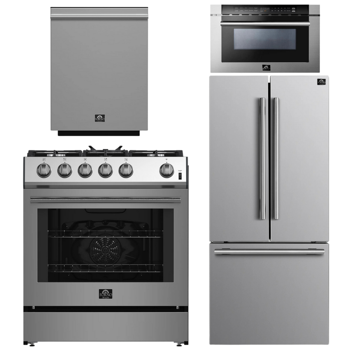 FORNO Espresso Package - 30" Gas Range, 30" Refrigerator with Ice Maker, Dishwasher and 24" Microwave Drawer in Stainless Steel