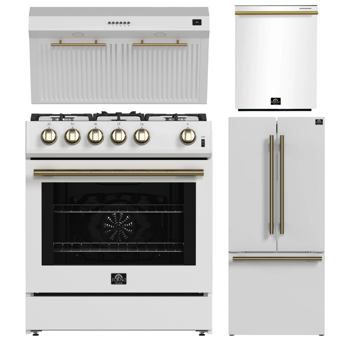 FORNO Espresso Package - 30" Gas Range, Range Hood, 30" Refrigerator with Ice Maker and Dishwasher in White with Antique Brass Accents