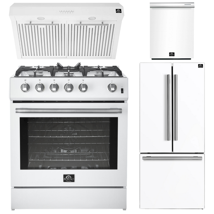 FORNO Espresso Package - 30" Gas Range, Range Hood, 30" Refrigerator with Ice Maker and Dishwasher in White with Silver Accents